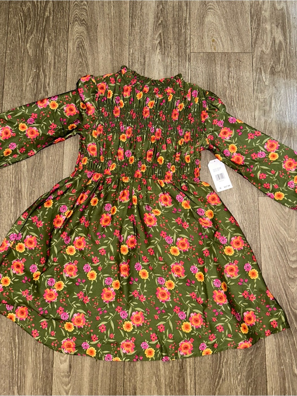 Girls Green Floral Long Sleeve Dress